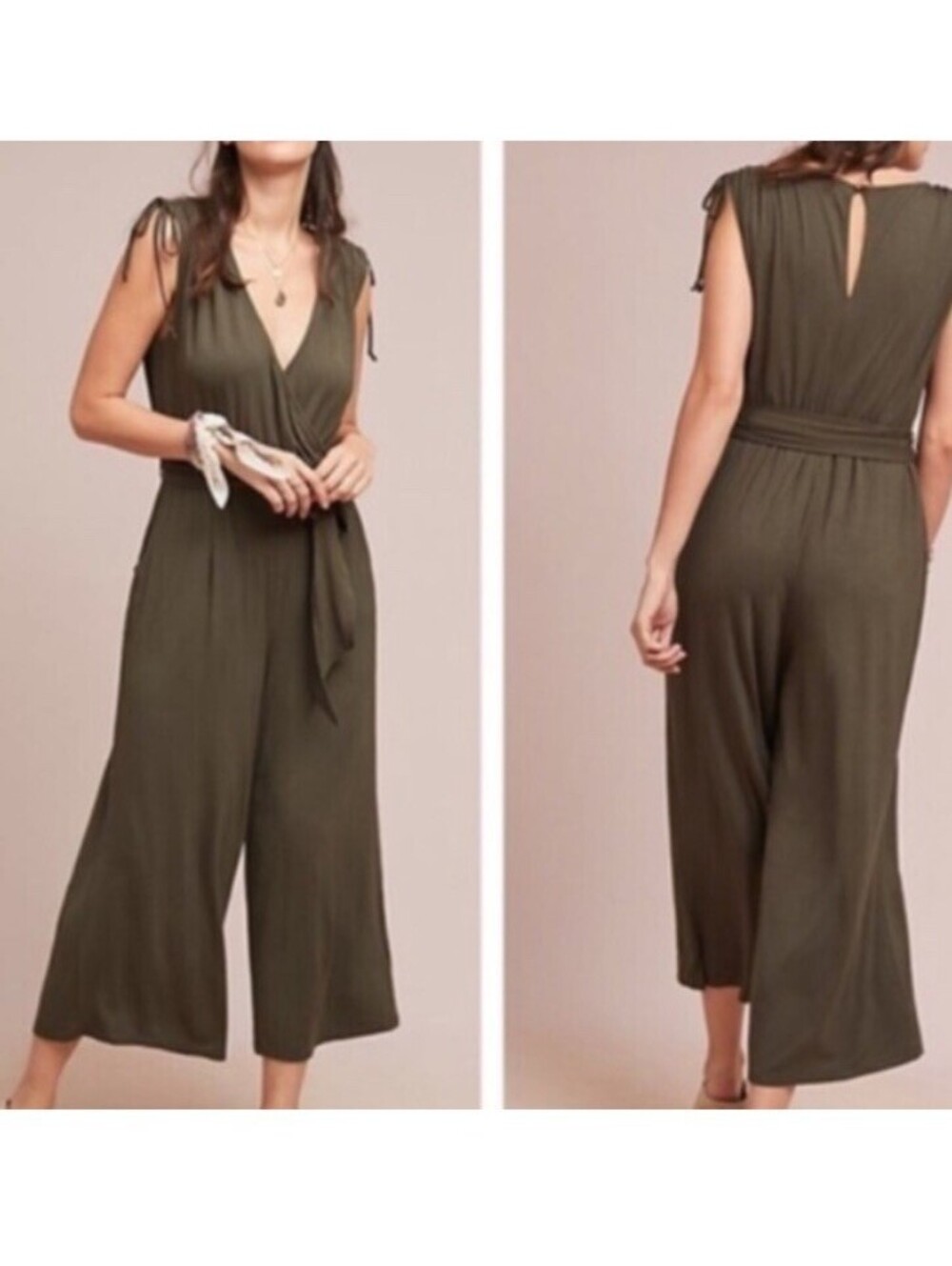 Anthropologie Moulinette Soeurs Jumpsuit XL Green Wide Hem Deep V-Neck